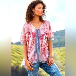 JOHNNY WAS House Hasley Blouse Top Silk Pink and Blue Toile Print
